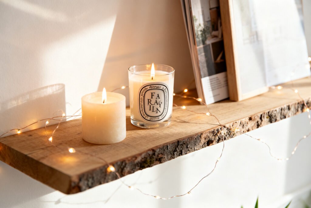 Soft candles and fairy lights on a shelf