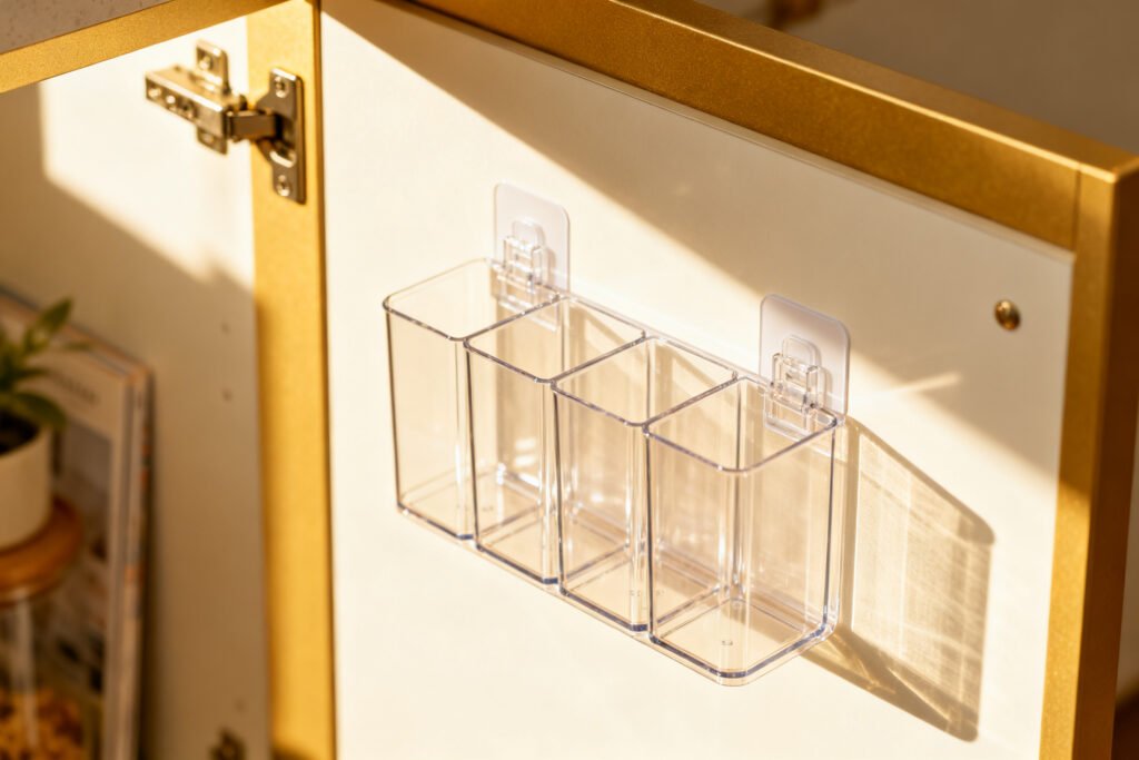 Adhesive organizers on a cabinet door
