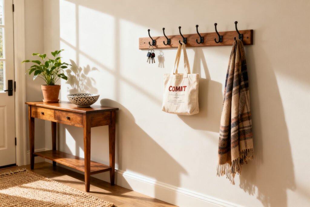 Hooks organizing an entryway