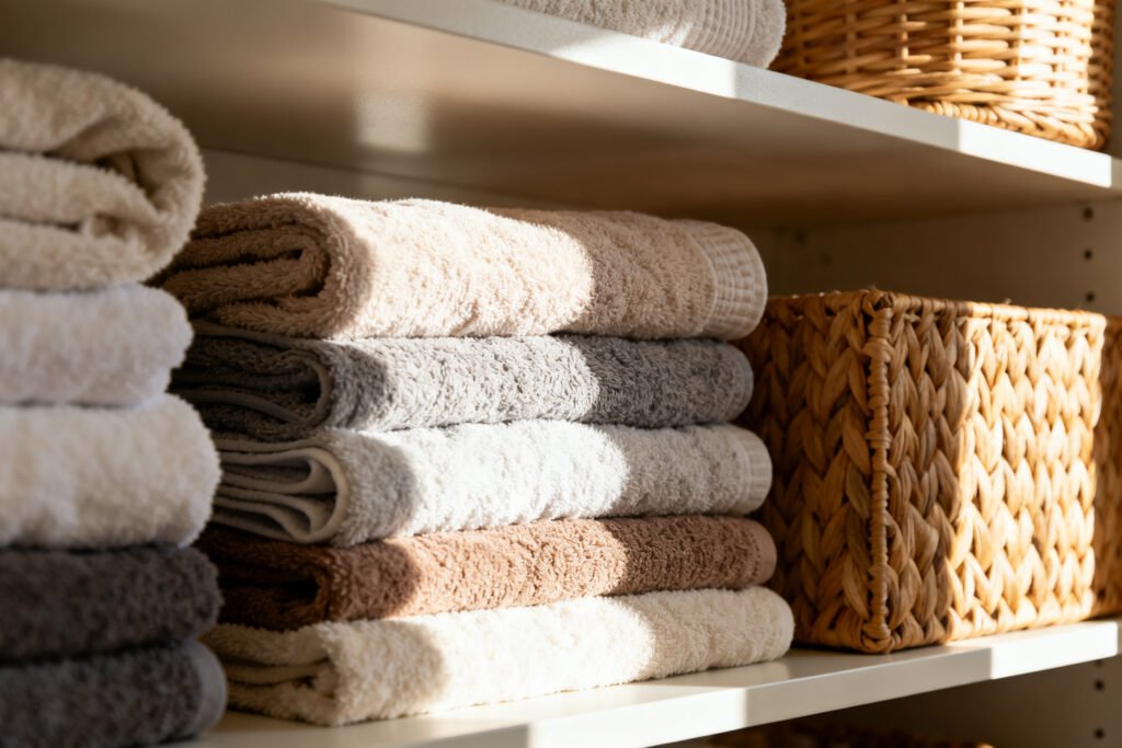 Detail of a neatly organized linen closet with folded towels and baskets