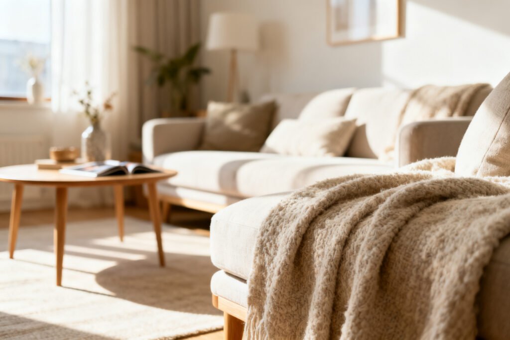 Detail of a bright light-filled living room that feels airy