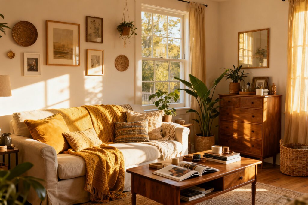 a budget room full of character with layered decor in a bright room