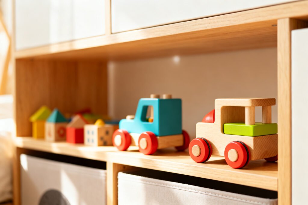 Low shelves holding toys