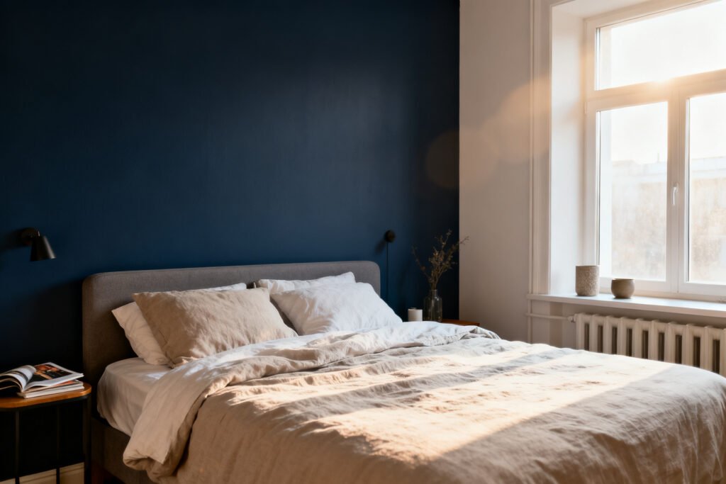 Deep calming accent wall in a bedroom