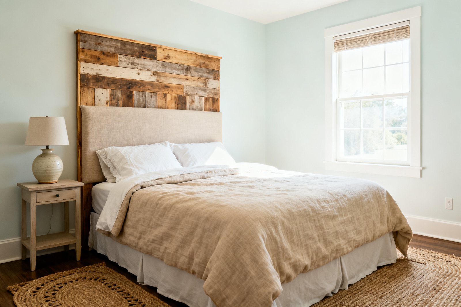 Finished budget bedroom with a DIY headboard