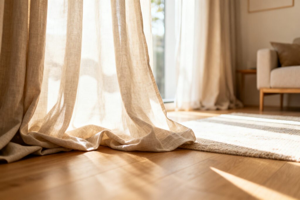 Floor-length curtains pooling softly