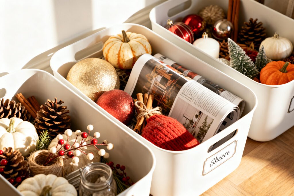 A styled view of seasonal decor neatly stored in labeled bins