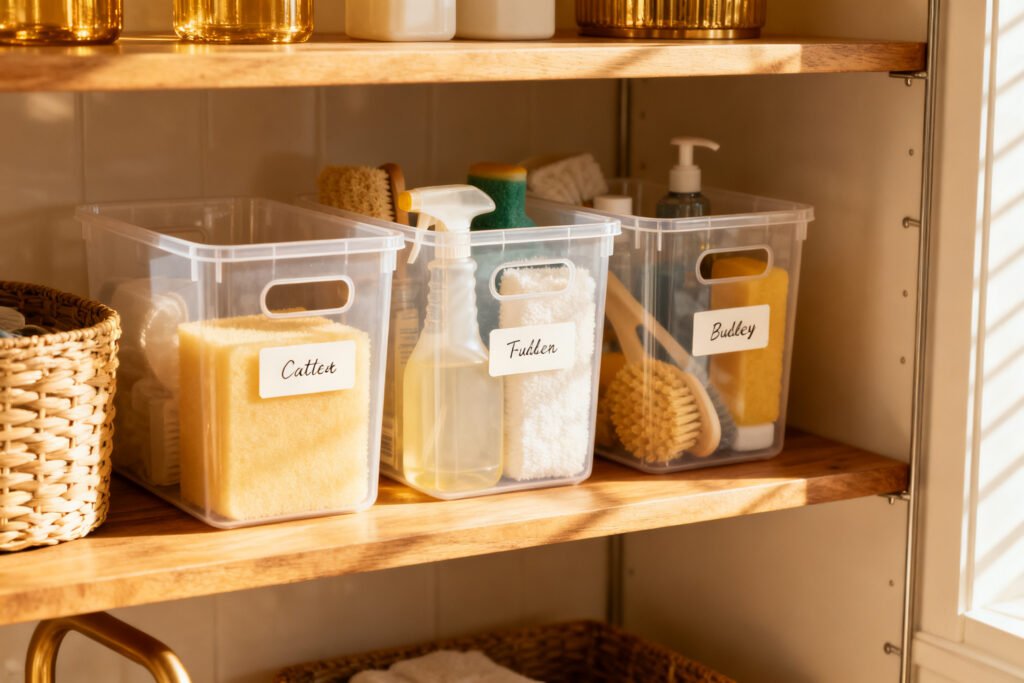 Clear labeled containers for cleaning supplies