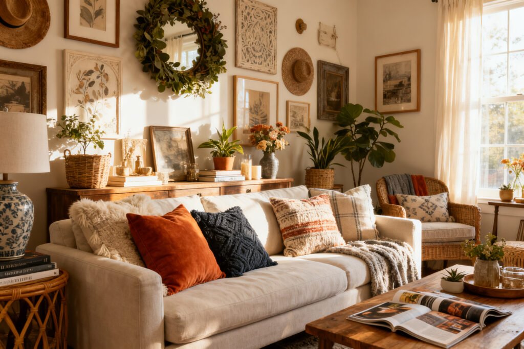 A styled view of a budget room full of character with layered decor