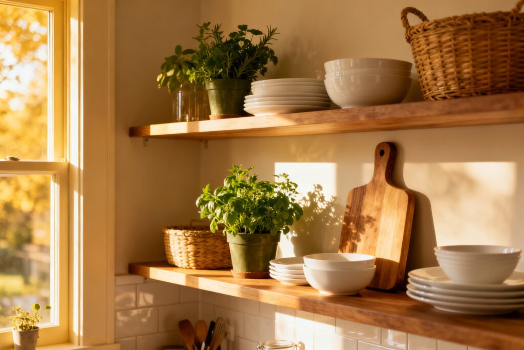 Open kitchen shelves styled cohesively