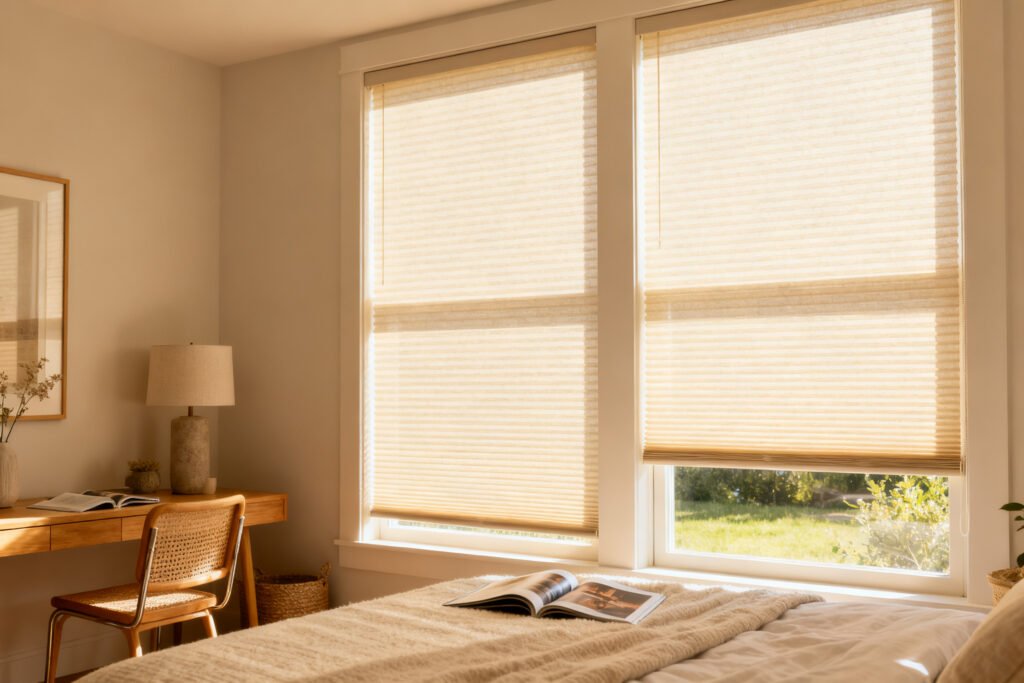 Cellular shades in a bedroom