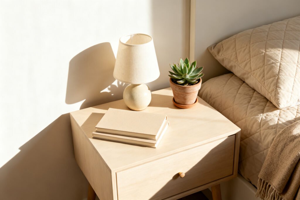 Minimalist nightstand beside a bed