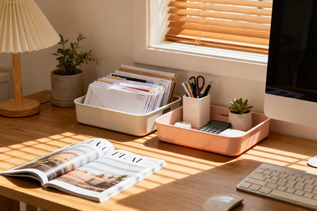 Tidy drop zone with trays for mail