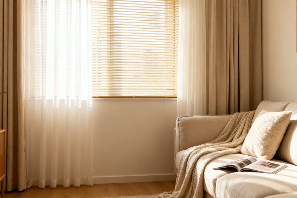 Blinds layered with sheer curtains