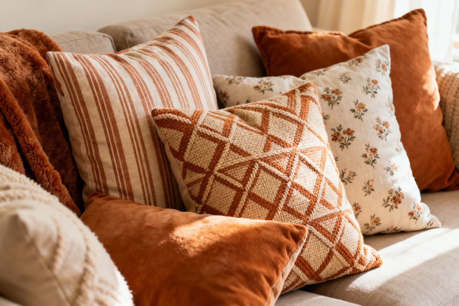 Layered patterned throw pillows on a sofa