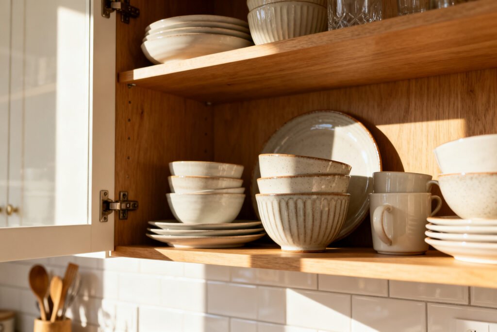 A styled view of an organized kitchen cabinet interior with tidy dishes