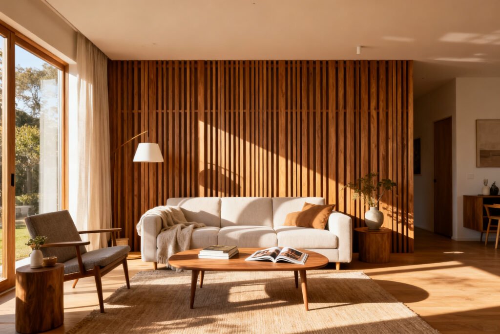 Wood slat accent wall in a living room