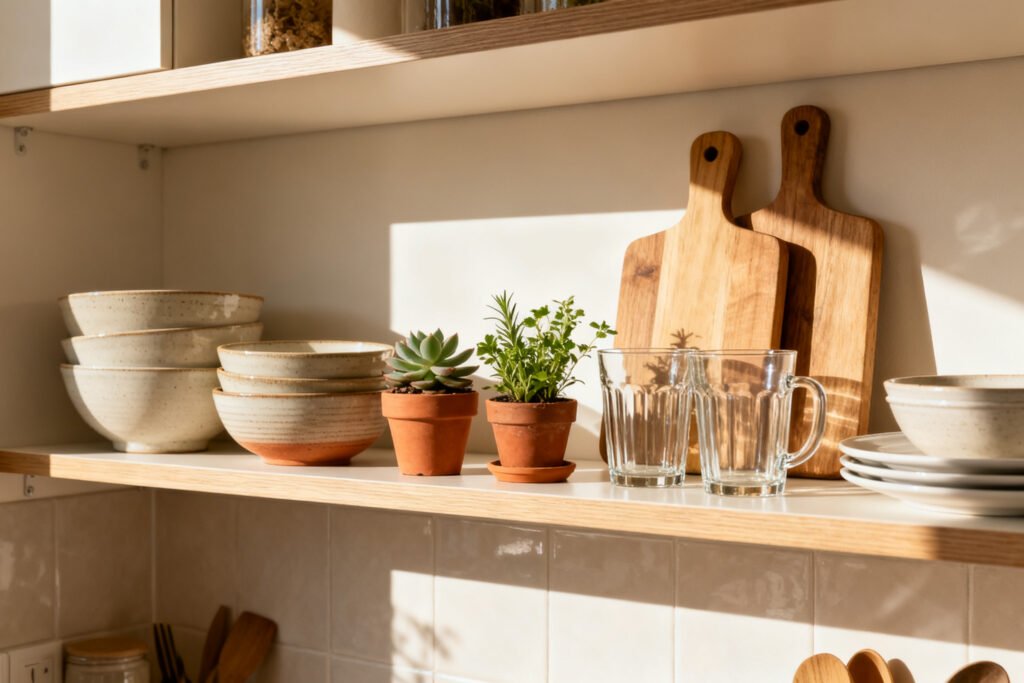 Styled open kitchen shelf