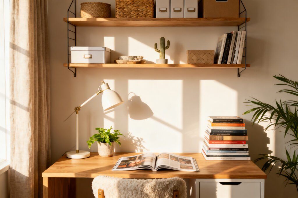 Organized small desk with shelves