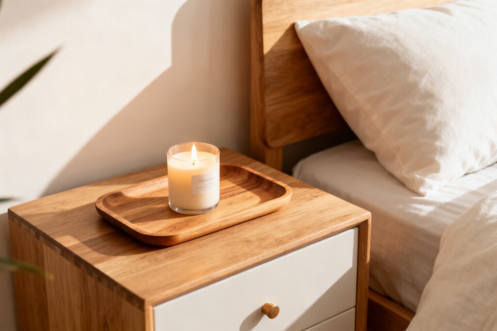 Nightstand styled with a tray and candle