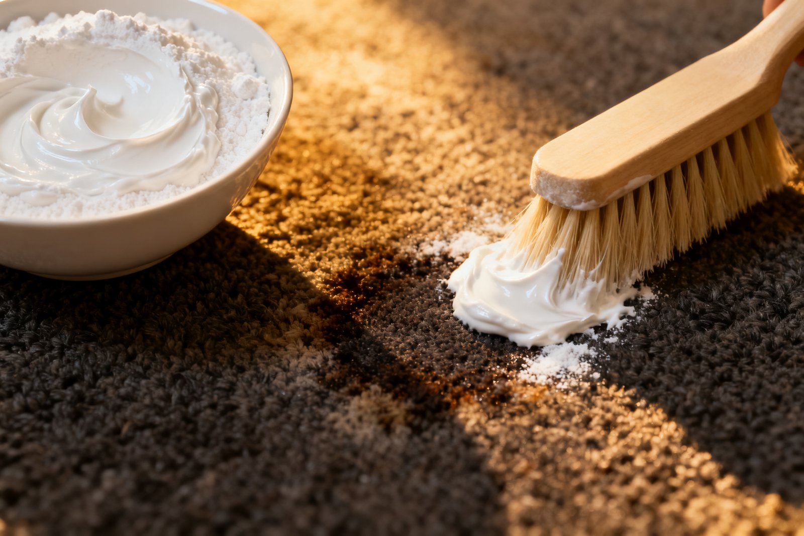 Applying baking soda paste to a carpet stain