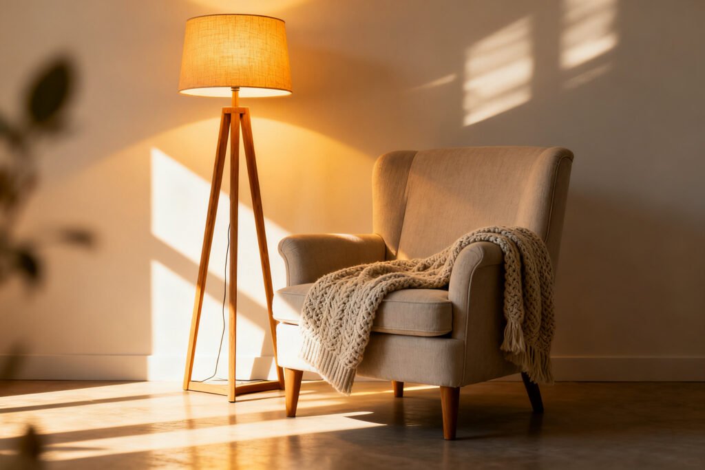 Warm floor lamp beside an armchair