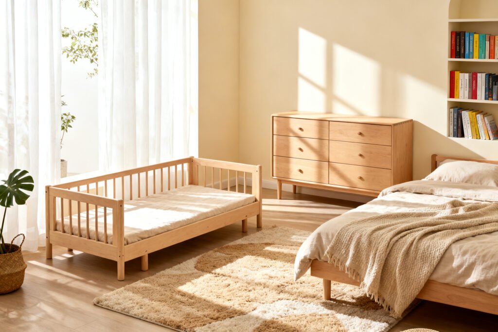 Neutral kids bedroom designed to grow with the child