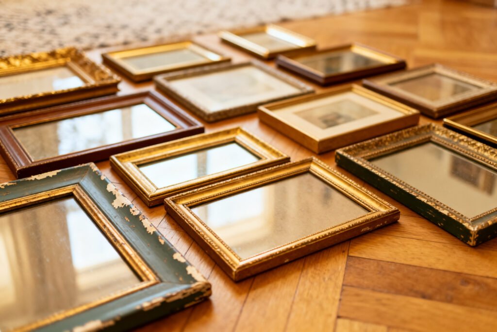 Thrifted picture frames arranged on the floor to plan a gallery wall