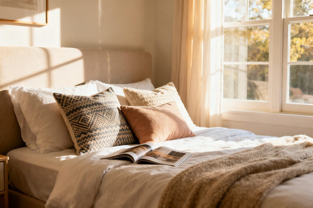 A bed with decorative pillows