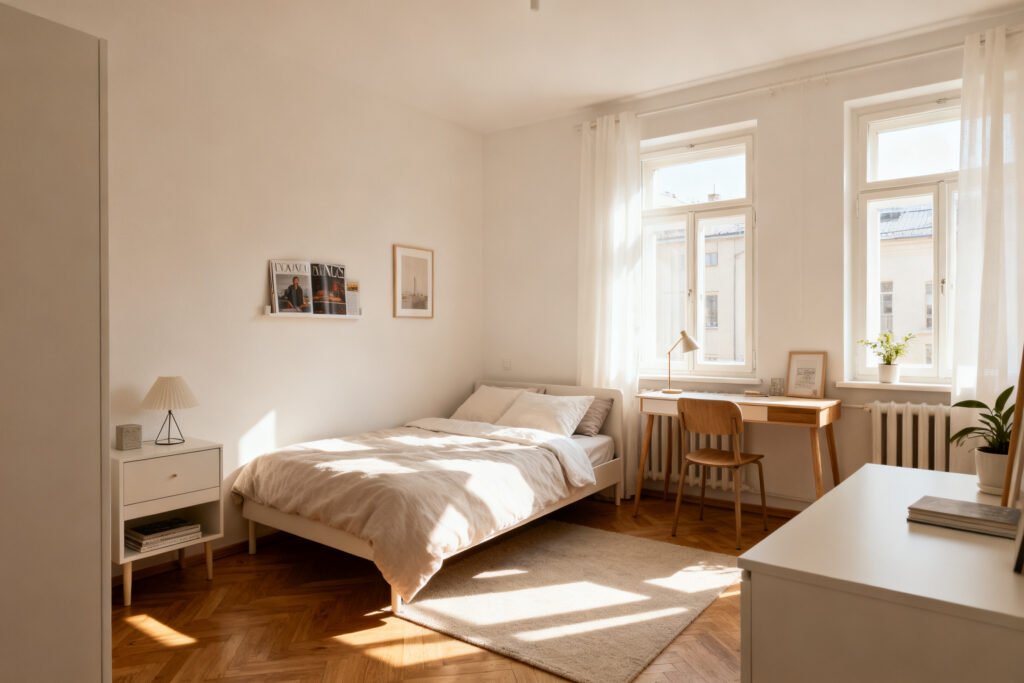 A light, uncluttered small bedroom