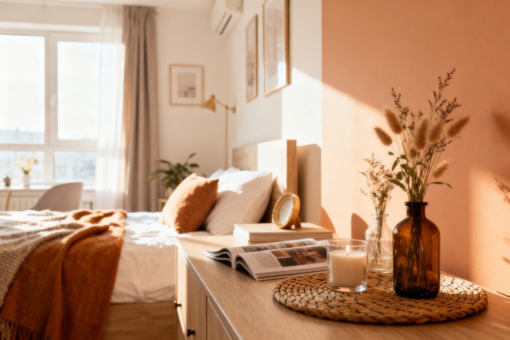 Detail of a stylish decorated rental room with no wall paint changes