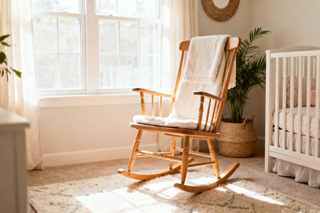 Soft neutral nursery with a rocking chair