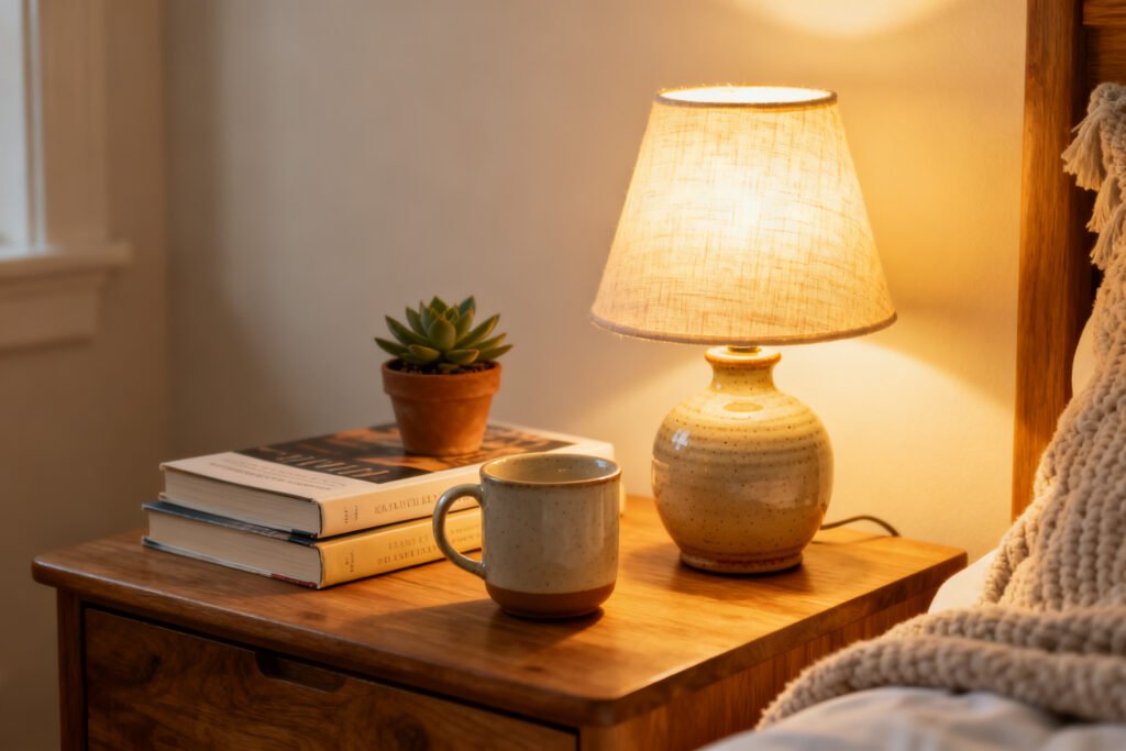 Cozy bedside table with warm lighting