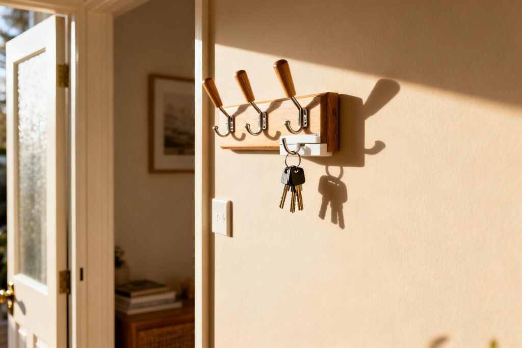 Wall hooks and key holder by a front door