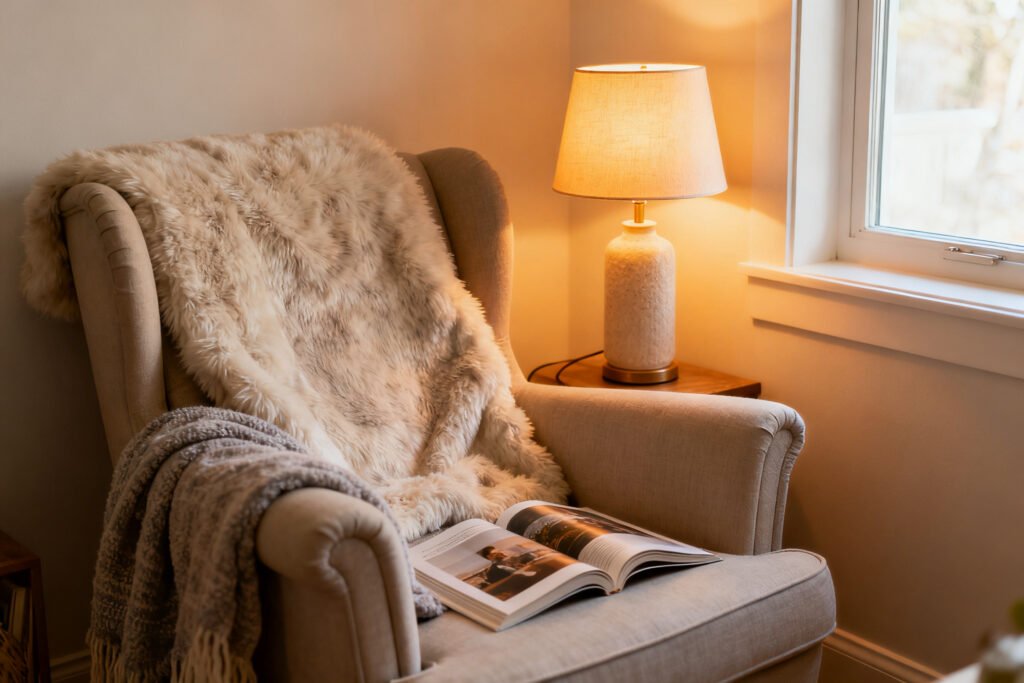 A styled view of a cozy small reading nook with a chair and lamp