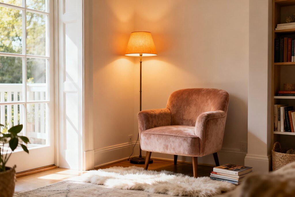 a cozy small reading nook with a chair and lamp in a bright room