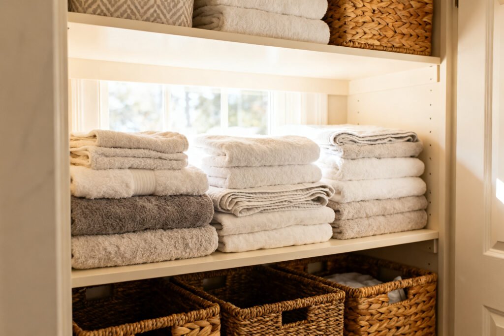 a neatly organized linen closet with folded towels and baskets in a bright room