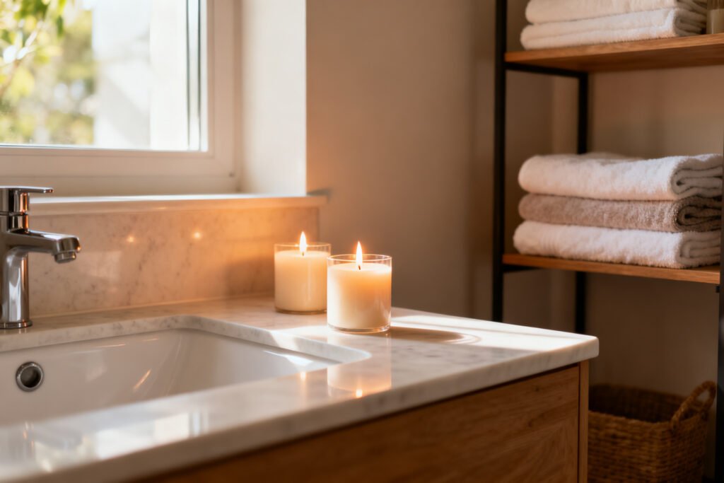A styled view of a serene spa-like budget bathroom with candles and towels