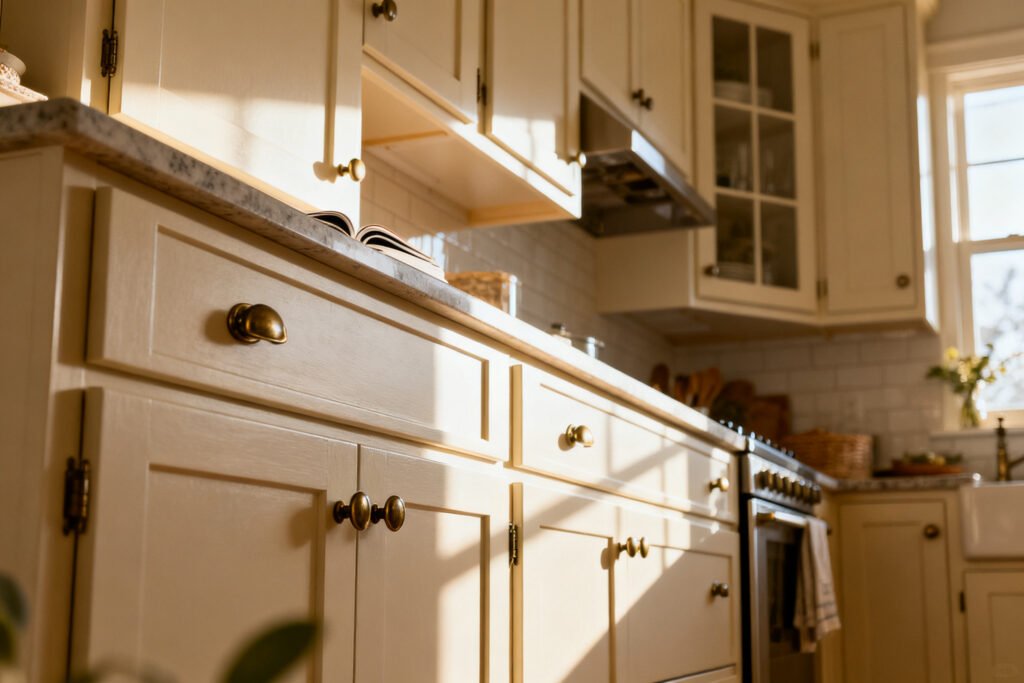 A styled view of updated budget kitchen cabinets with new hardware