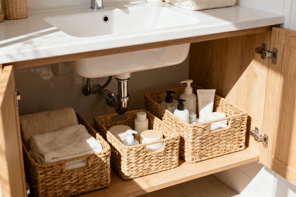 Neatly arranged bathroom under-sink cabinet