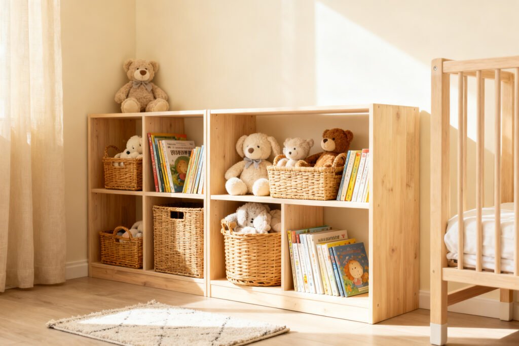 Nursery corner with open shelves and baskets