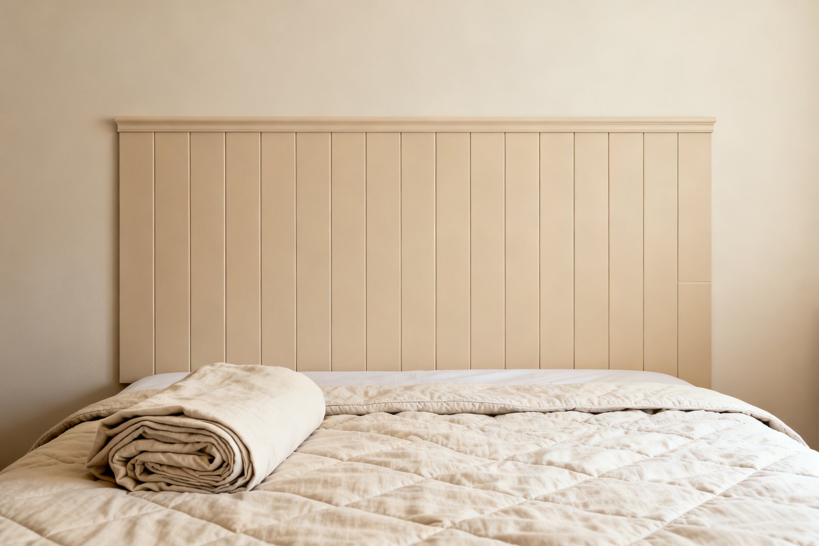 DIY paneled headboard behind a bed