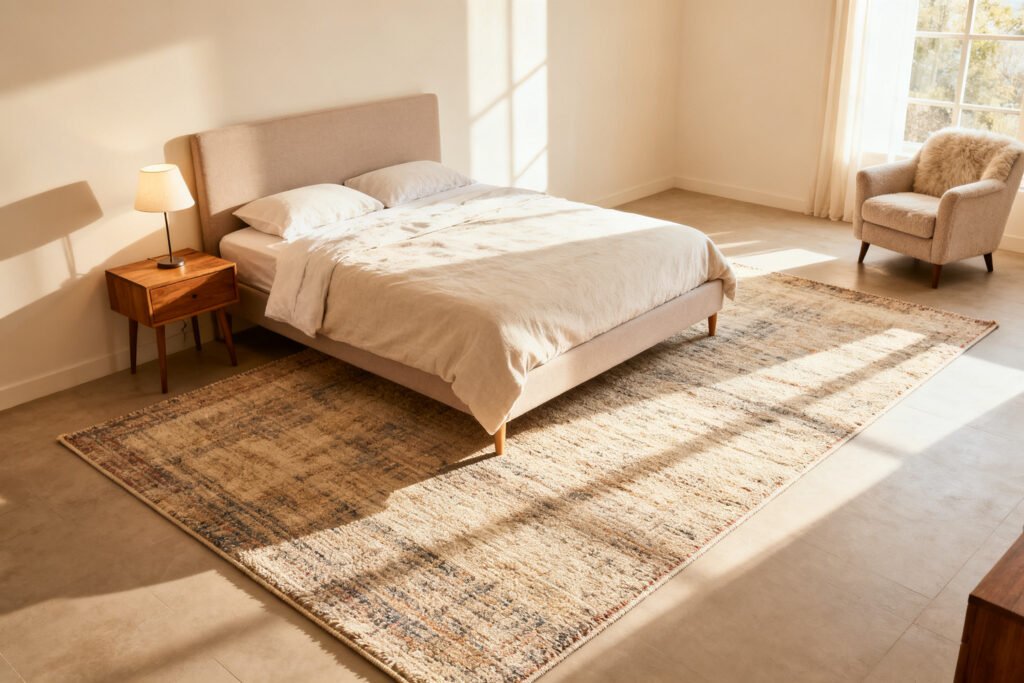 Rug extending under a bed on three sides
