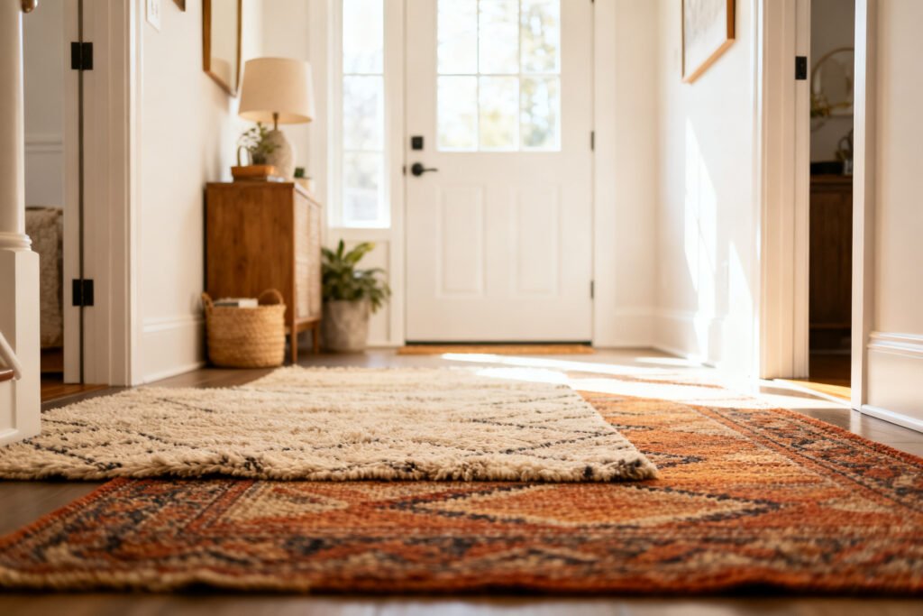 Layered rug in an entryway