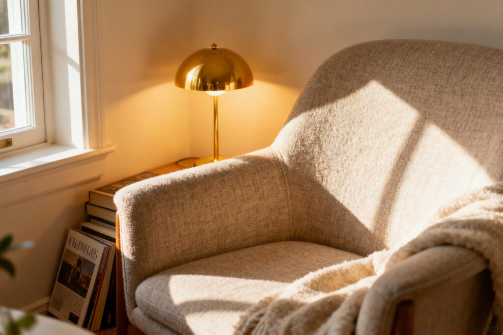 Detail of a cozy small reading nook with a chair and lamp