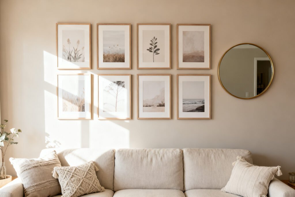 Balanced grid of framed prints with a round mirror on a living room wall