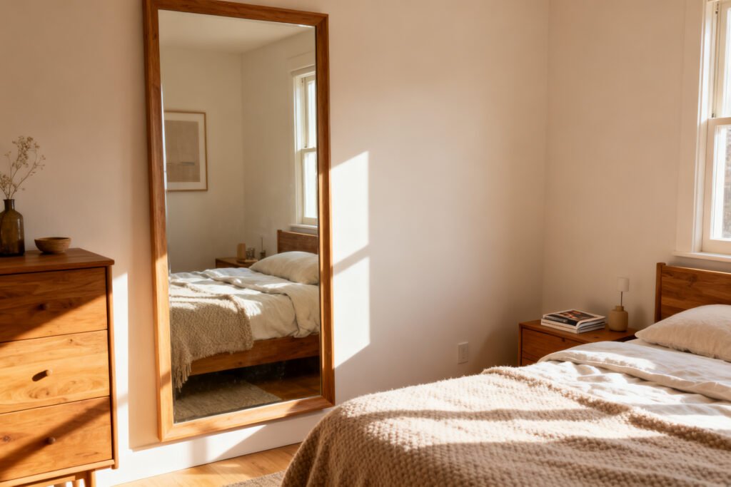 A mirror expanding a small bedroom