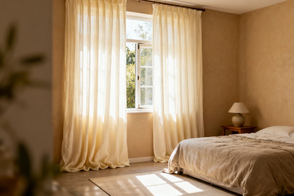 Long curtains framing a bedroom window