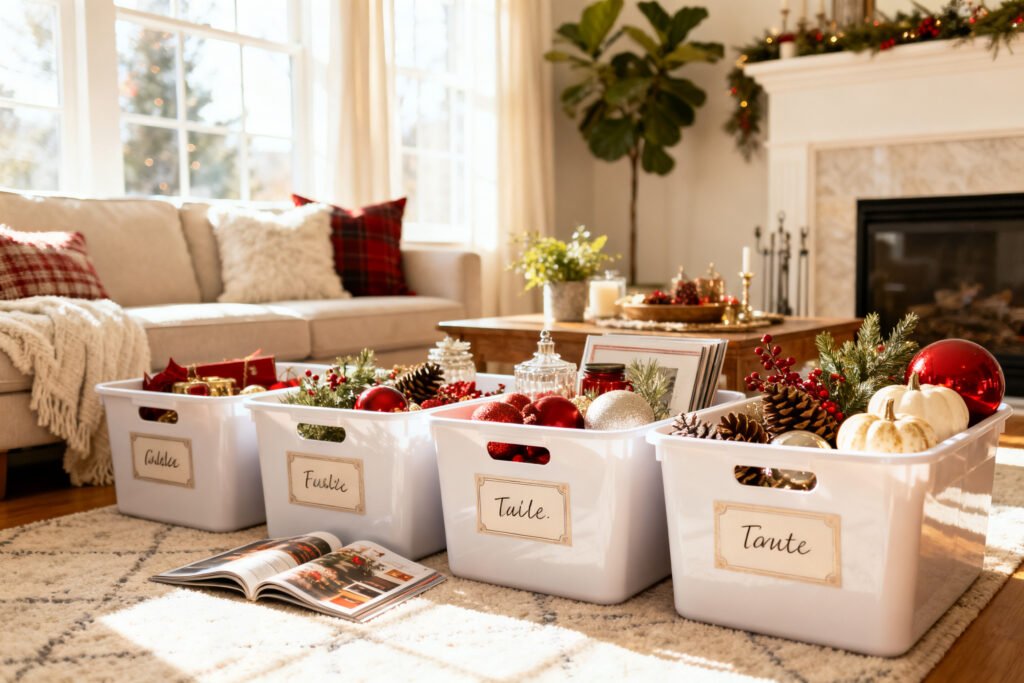 seasonal decor neatly stored in labeled bins in a bright room