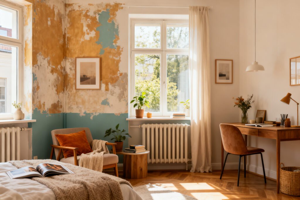 A styled view of a stylish decorated rental room with no wall paint changes